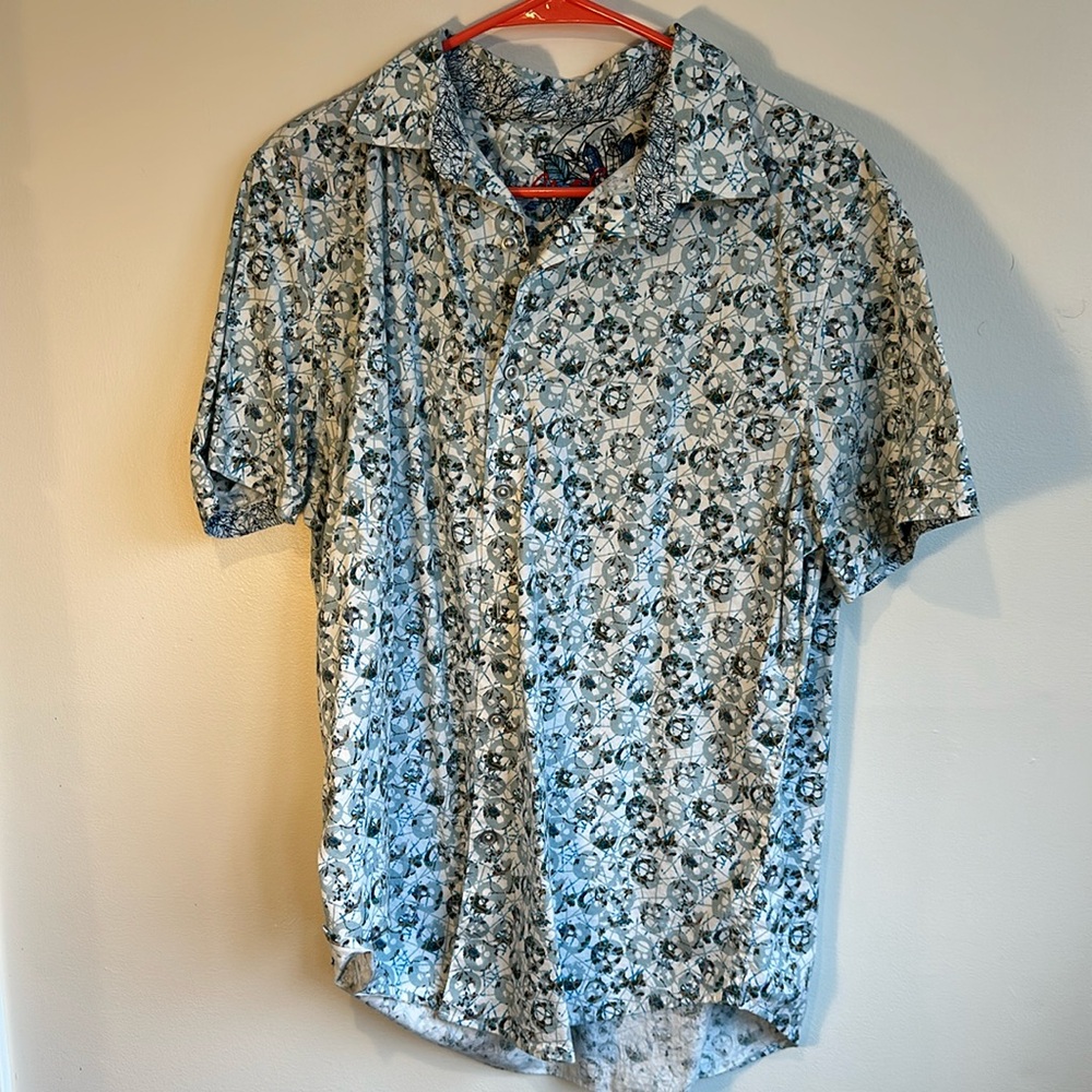 Robert Graham Button Up | Large | Short Sleeve | White with Grey & Light Blue